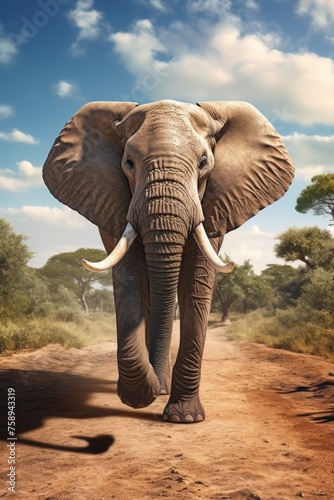 A large elephant walking down a dirt road. Perfect for travel blogs or wildlife websites © Ева Поликарпова