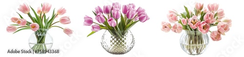Pink tulip flowers in a glass vase isolated on a transparent background #758943368