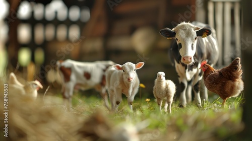one cow, one sheep, three chickens in a barn. tilt shift effect