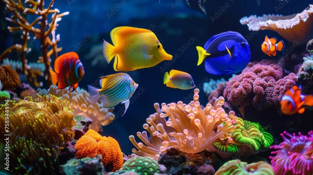 Underwater world with coral reefs and tropical fish in vibrant colors.