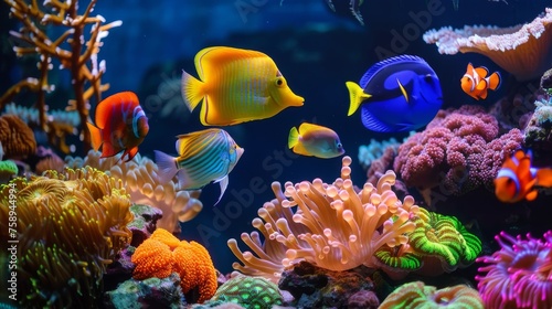 Underwater world with coral reefs and tropical fish in vibrant colors.