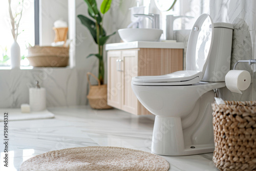 Bathroom interior with toilet in cozy and modern style  ceramic toilet bowl and wooden furniture  minimal decoration.