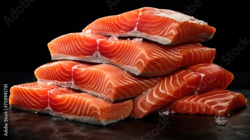 A pile of raw salmon on a table, perfect for food-related projects