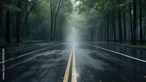 A wet road surrounded by trees. Suitable for transportation and nature concepts #758946380