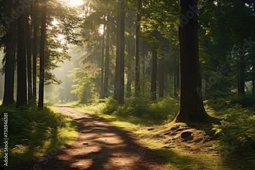 A serene dirt road winding through a lush forest. Suitable for nature and travel concepts