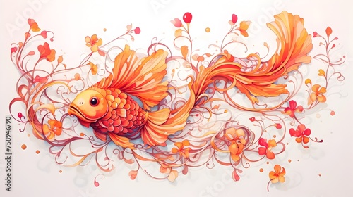 Goldfish Soaring through a Floral Wonderland in Vibrant Watercolor