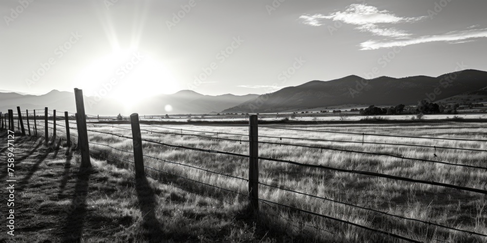 Black and white photo of a fence in a field, suitable for various design projects
