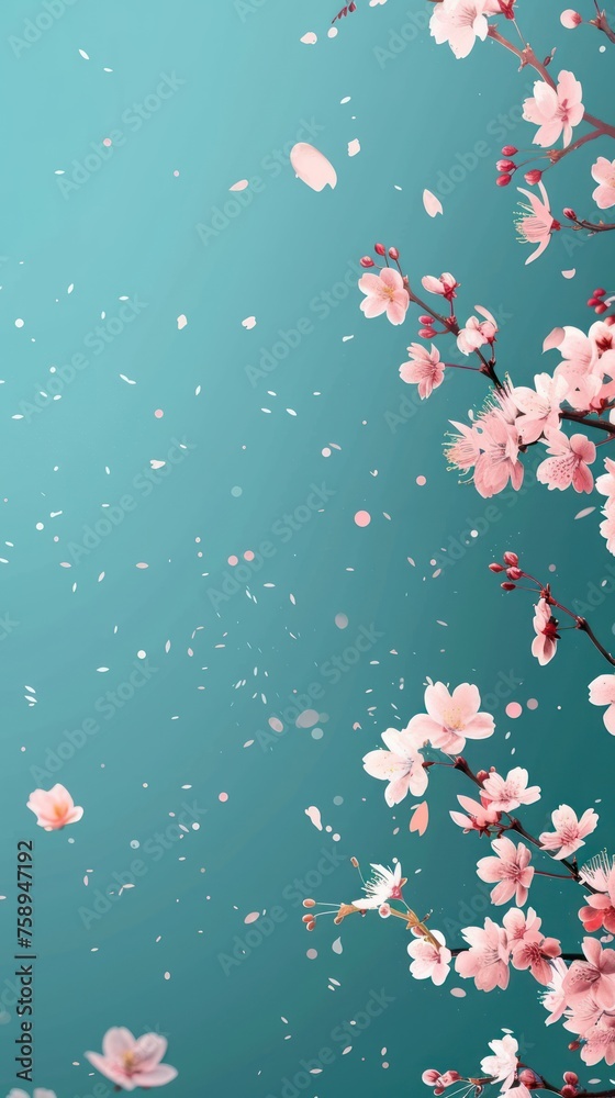 Abstract minimalistic art with cherry blossom on plain teal background for banner