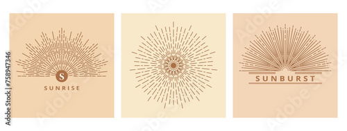 Hand drawn card of Sun, sunburst, light rays in line art. Bohemian symbol bursting sun rays. Magic vintage collection, antique style, boho, tattoo, emblem, logo. Vector set illustration on beige