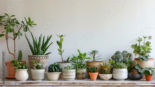 composition of various house plants in different ceramic pots. House plants against light wall. --ar 16:9 Job ID: 2ad02216-9049-413e-b257-78c813107a1f