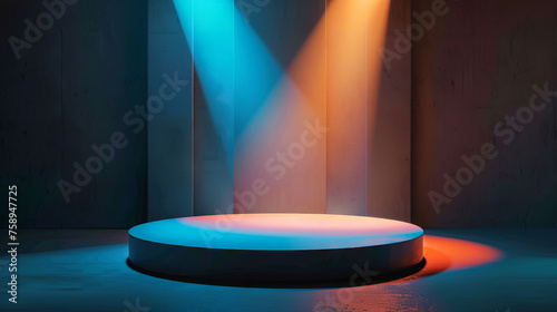 A round 3d podium with a spotlight shining down on it. Mockup for product presentation. Display for cosmetics. Soft orange and blue colors background.