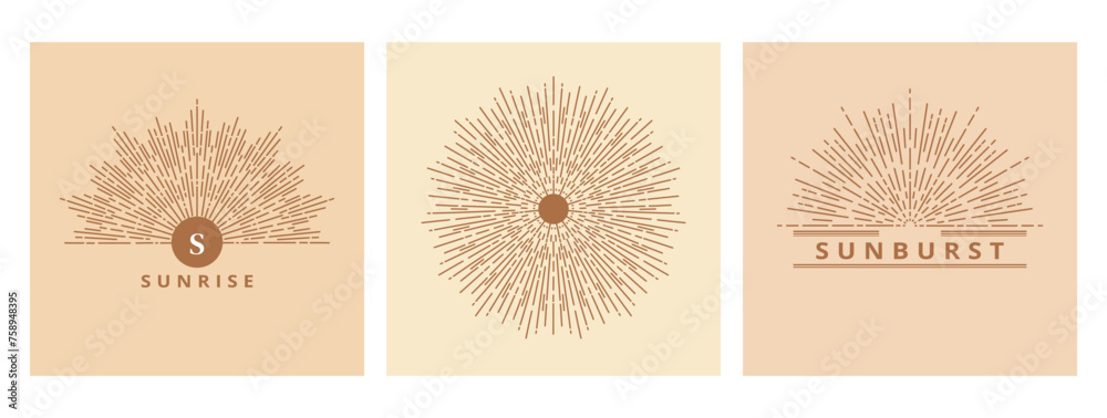 Hand drawn card of Sun, sunburst, light rays in line art. Bohemian symbol bursting sun rays. Magic vintage collection, antique style, boho, tattoo, emblem, logo. Vector set illustration on beige Hand drawn card of Sun, sunburst, light rays in line art. Bohemian symbol bursting sun rays. Magic vintage collection, antique style, boho, tattoo, emblem, logo. Vector set illustration on beige