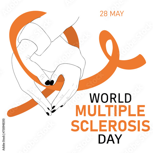World Multiple Sclerosis Day poster. Vector cartoon illustration of  hands with a heart shape holding a orange ribbon.