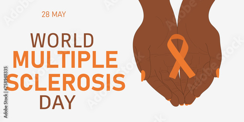 Multiple Sclerosis Day banner. Hands holding awereness Ribbon for supporting people with illness. 