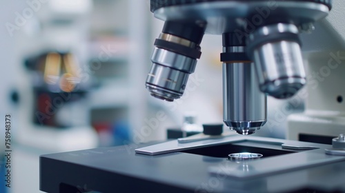 Close-up of a microscope on a table, suitable for scientific and educational concepts