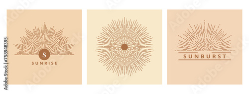 Hand drawn card of Sun, sunburst, light rays in line art. Bohemian symbol bursting sun rays. Magic vintage collection, antique style, boho, tattoo, emblem, logo. Vector set illustration on beige