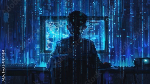 Hacker with Matrix Code Background  Cybersecurity and Digital Crime Concept 