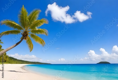 Palm tree leaves overhanging a sandy beach with clear blue sky and sun shining through the foliage  ocean in the background