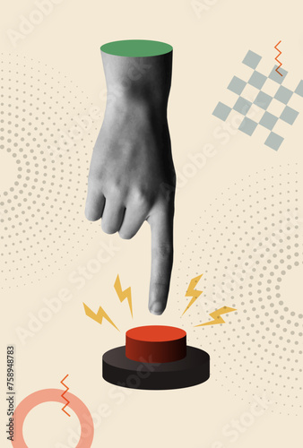 Hand pressing the red start button in retro collage vector illustration