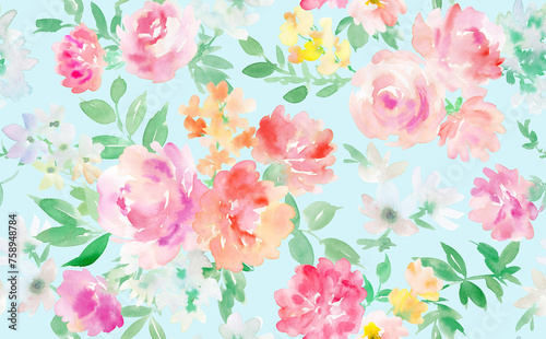 Seamless pattern of carnations and roses painted in watercolor © Sawango
