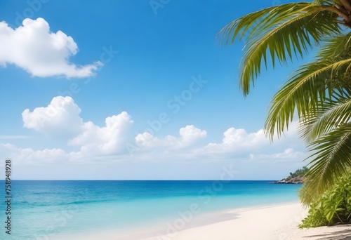 Palm tree leaves overhanging a sandy beach with clear blue sky and sun shining through the foliage, ocean in the background