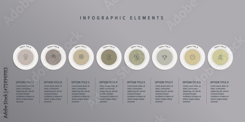 Business process chart infographics with 8 step circles. Round workflow graphic elements. Company flowchart presentation slide. Vector info graphic in flat design