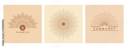 Hand drawn card of Sun, sunburst, light rays in line art. Bohemian symbol bursting sun rays. Magic vintage collection, antique style, boho, tattoo, emblem, logo. Vector set illustration on beige