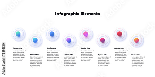 Business process chart infographics with 8 step spheres. Round workflow graphic elements. Company flowchart presentation slide. Vector info graphic design