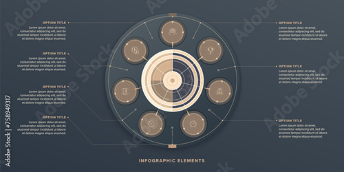 Business process chart infographics with 7 step circles. Round workflow graphic elements. Company flowchart presentation slide. Vector info graphic in flat design