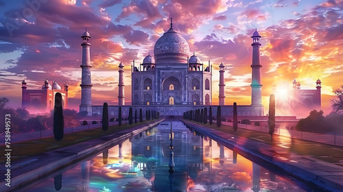 A photorealistic image of the Taj Mahal at sunset, with details of the intricate details of the marble, the reflection in the pool, and the colorful sky.