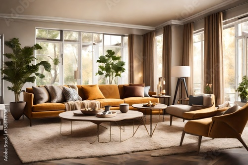 a cozy lounge space with plush furnishings, warm tones, and artistic accents, cultivating a welcoming atmosphere in a stylish living room setting. © Muhammad