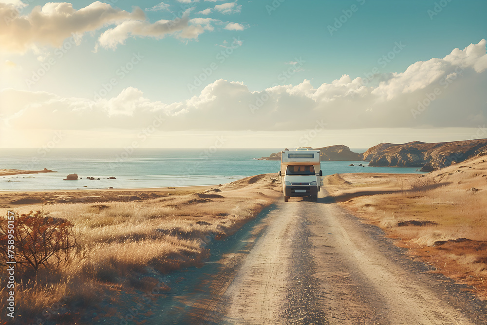 Motorhome driving under the sunlight by the coastline, van life concept, travel, wanderlust - obrazy, fototapety, plakaty 