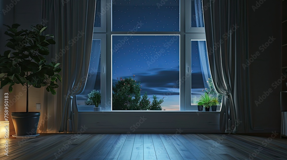 Fototapeta premium Empty room with a large window and an internal window sill overlooking the night and starry sky. Exposure adjusted to balance the brightness of the night sky with the darkness of the room