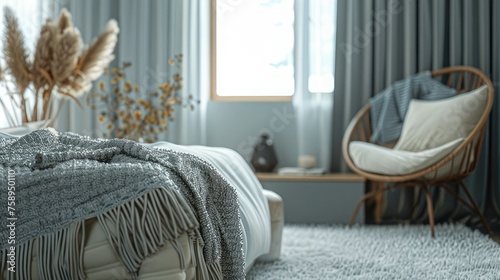 detailed textures of materials such as wood, fabric, and furniture surfaces. close-up shots to highlight the tactile quality of the bedding, chair, and decor items