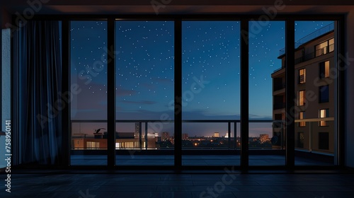 the night sky visible through the large window appears realistic by paying attention to the placement and density of stars and the illumination of the moon. photo