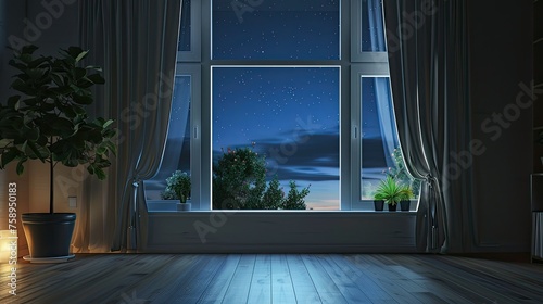 Empty room with a large window and an internal window sill overlooking the night and starry sky. Exposure adjusted to balance the brightness of the night sky with the darkness of the room photo