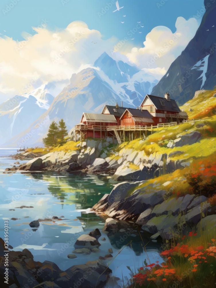 Fototapeta premium Watercolor painting of Norway blue mountains, Alpine lake illustration. Mountain lake. Foggy forest watercolor illustration. 