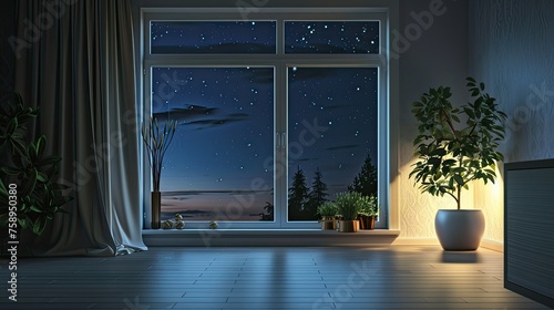 Empty room with a large window and an internal window sill overlooking the night and starry sky. Exposure adjusted to balance the brightness of the night sky with the darkness of the room photo