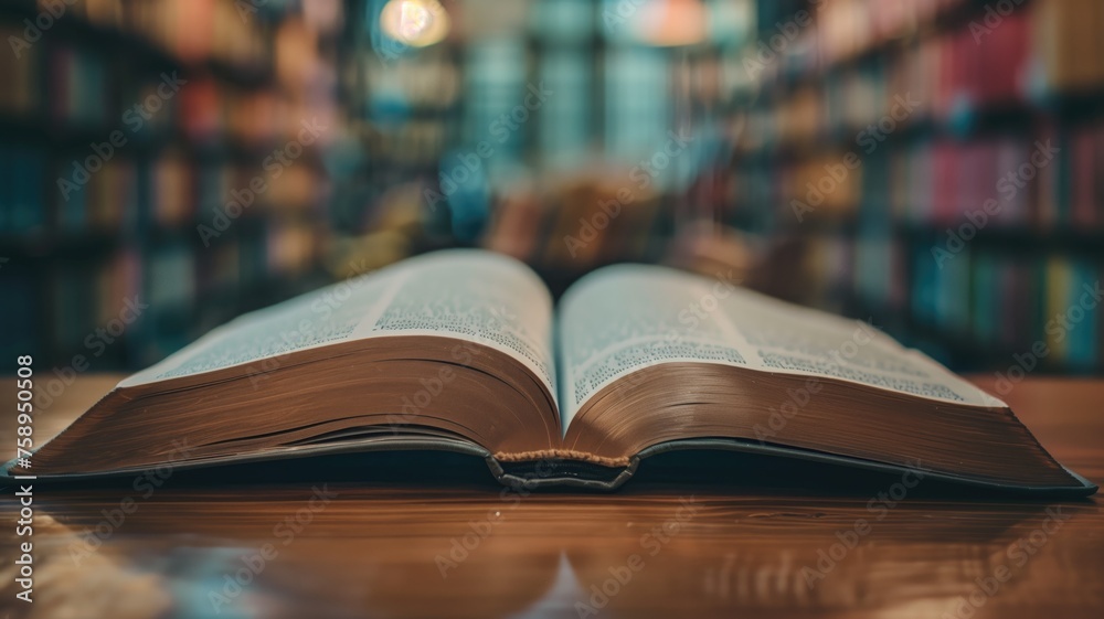 Open book on a wooden table against a blurred library background Open book on a wooden table against a blurred library background
