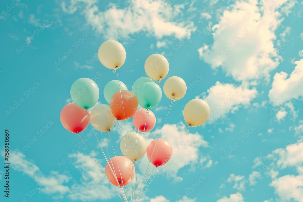 Colorful balloons flying in the sky, pastel colors Generative AI