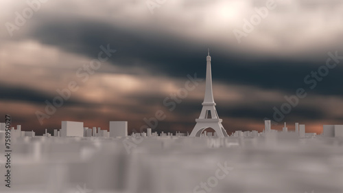 Canvastavla Paris with Eiffel Tower as a white 3D model and bad weather in the distance