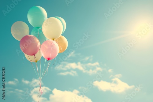 Colorful balloons flying in the sky sunny day clouds in background Generative AI