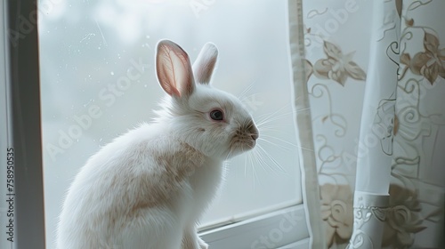 the white small rabbit looking out the window at the moon. Position the rabbit in a natural and relaxed pose, with its gaze directed towards the moon.