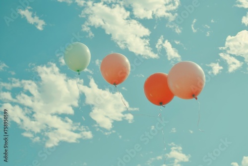 Colorful balloons flying in the sky on a sunny day. Vintage color tones Generative AI