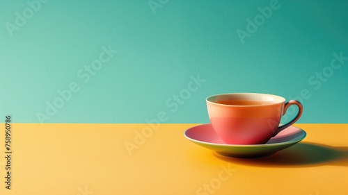 Colorful cup and saucer with hot tea on a duo-tone color block background