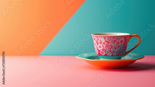 A patterned teacup on a contrasting pink and turquoise backdrop