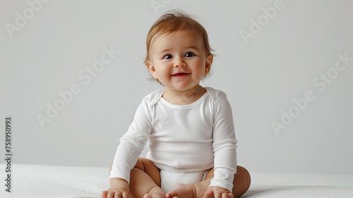 the infant long-sleeve bodysuit fits the baby model comfortably and is properly aligned. the baby model facing the camera with a genuine expression to enhance realism. photo