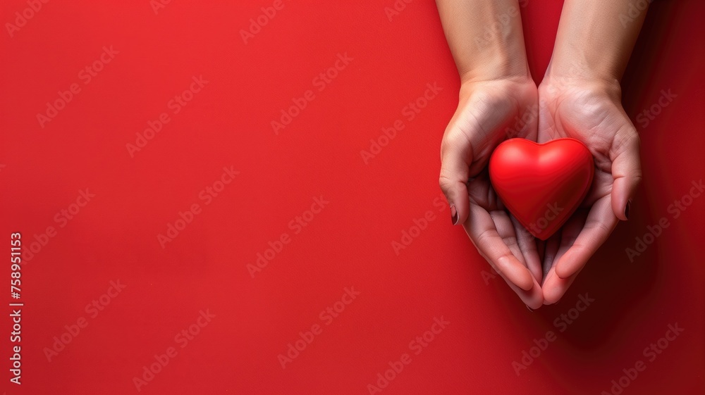 Hands cradling a red heart on a solid red background, symbolizing care, love, and health - obrazy, fototapety, plakaty 