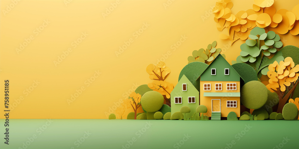 Paper house on colored background - residential mortgage real estate promotion - home loan architecture construction illustration.