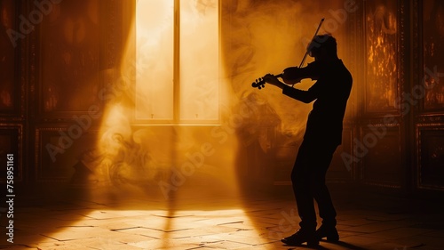 A violinist's silhouette stands out against a glowing window, enveloped in a mystical haze